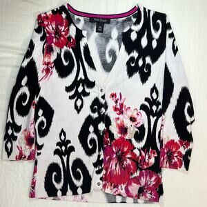 White House Black Market XS v-neck button down cardigan cream black red pink tan